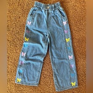 Girls' Blue Denim Butterfly Embroidered Bottoms